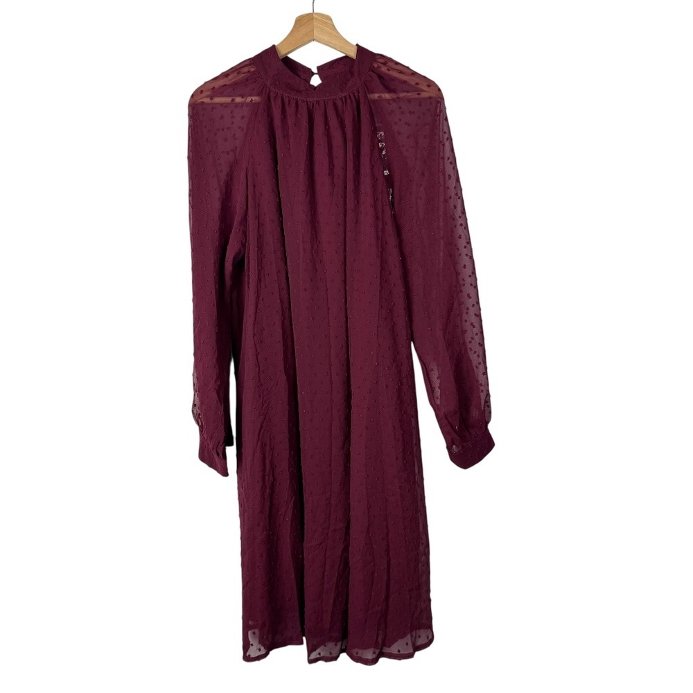 Boutique Burgundy Red High Neck Swiss Dot Long Sleeve Shift Dress L